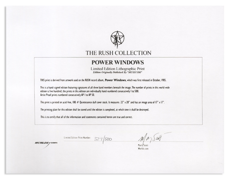 Rush Signed Lithograph of the Artwork From ''Power Windows'' -- Limited Edition Lithograph Signed by Geddy Lee, Alex Lifeson and Neil Peart